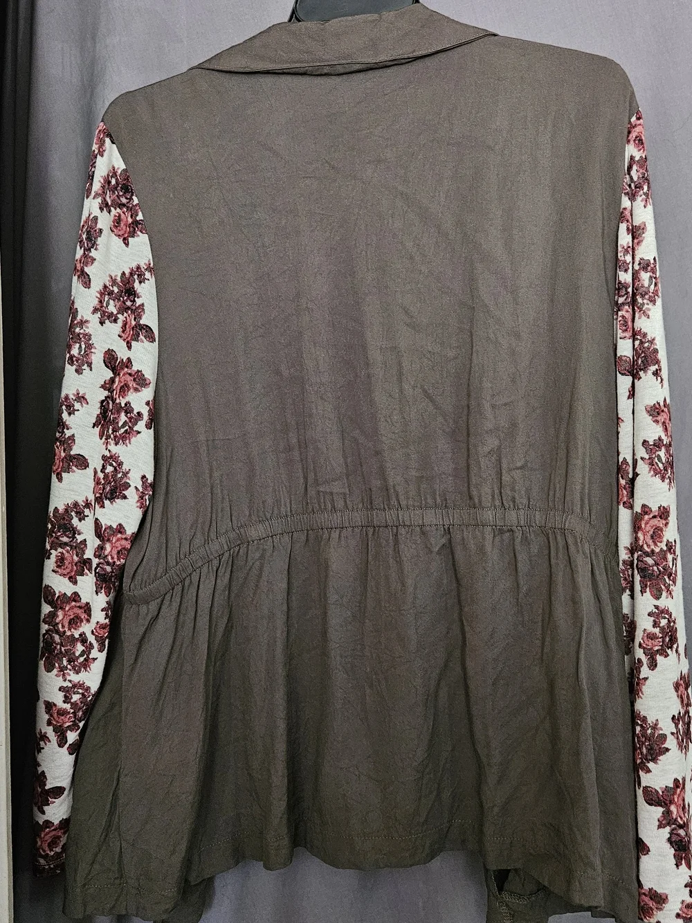 Self Esteem Taupe Open-Front Dress Jacket with Rose Floral Sleeves